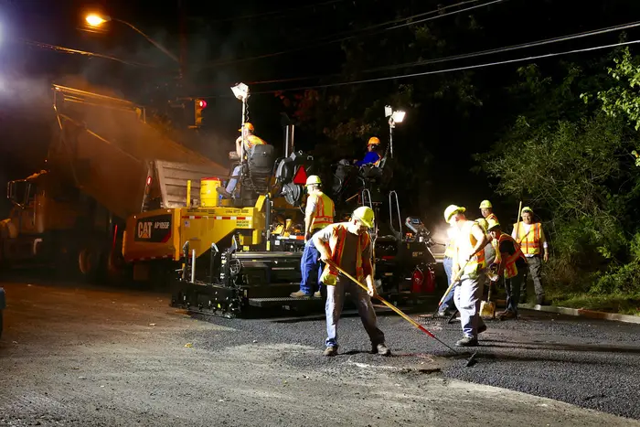 A road crew working on night paving on Staten Island in 2015.